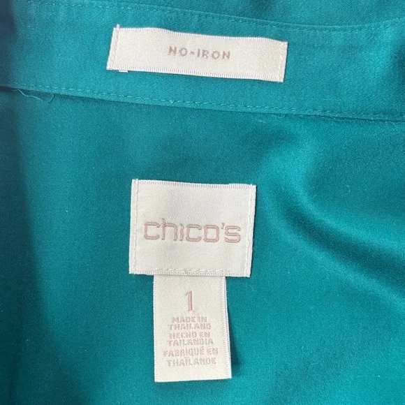 💚 Chico’s Emerald Green No Iron Cotton Tunic Button Top Women’s Size 1 Large 💚 - Picture 10 of 14